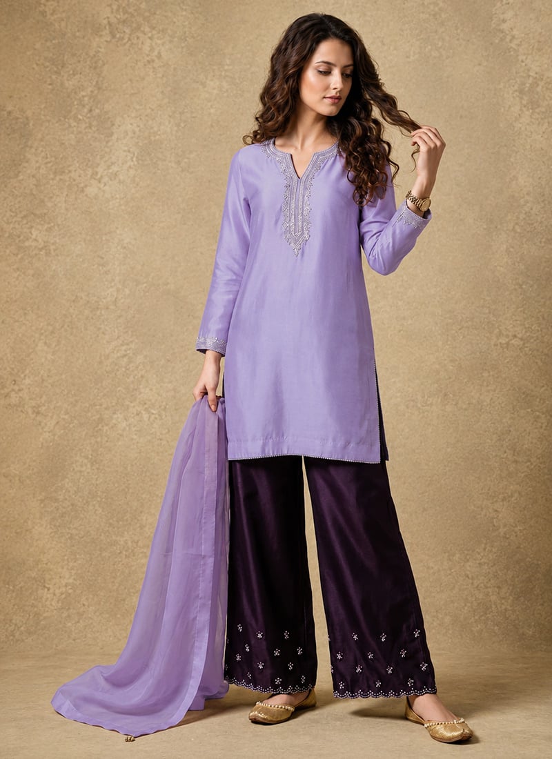Lavender Silk Zari Embroidered With Beads Work Semi Palazzo Suit Set Festive Wear