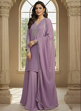 Lavender Silk Zari Hand Embroidered Palazzo Suit