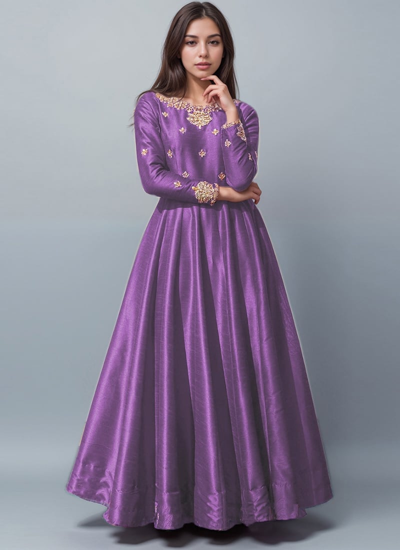Lavender Silk Zari Hand Embroidered Sequins Anarkali Suit Festive Wear