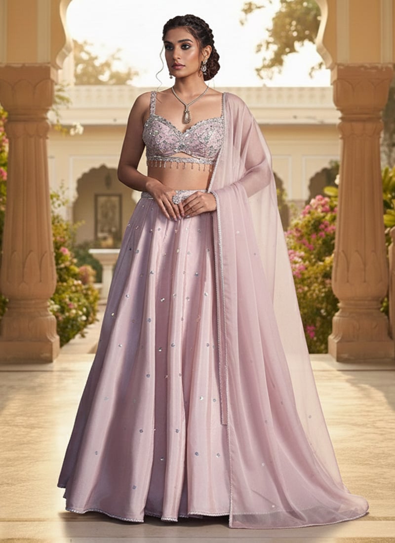Lavender Silk Zari Hand Embroidered Sequins Lehenga Wedding Wear