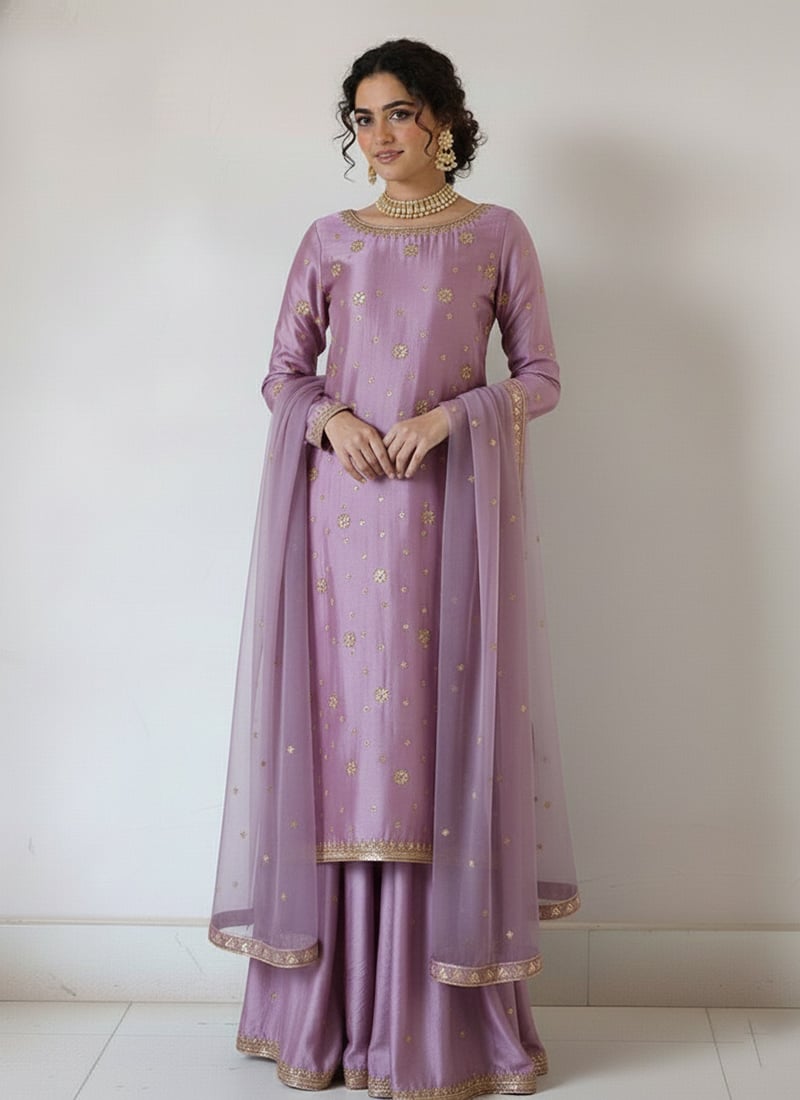 Lavender Silk Zari Hand Embroidered Sequins Palazzo Suit