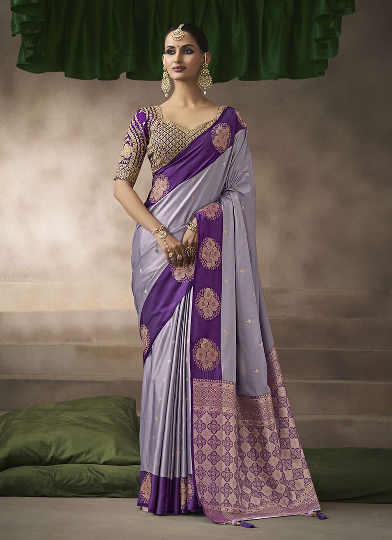 Lavender Silk Zari Jacquard Embroidered Sequins Saree Festive Wear