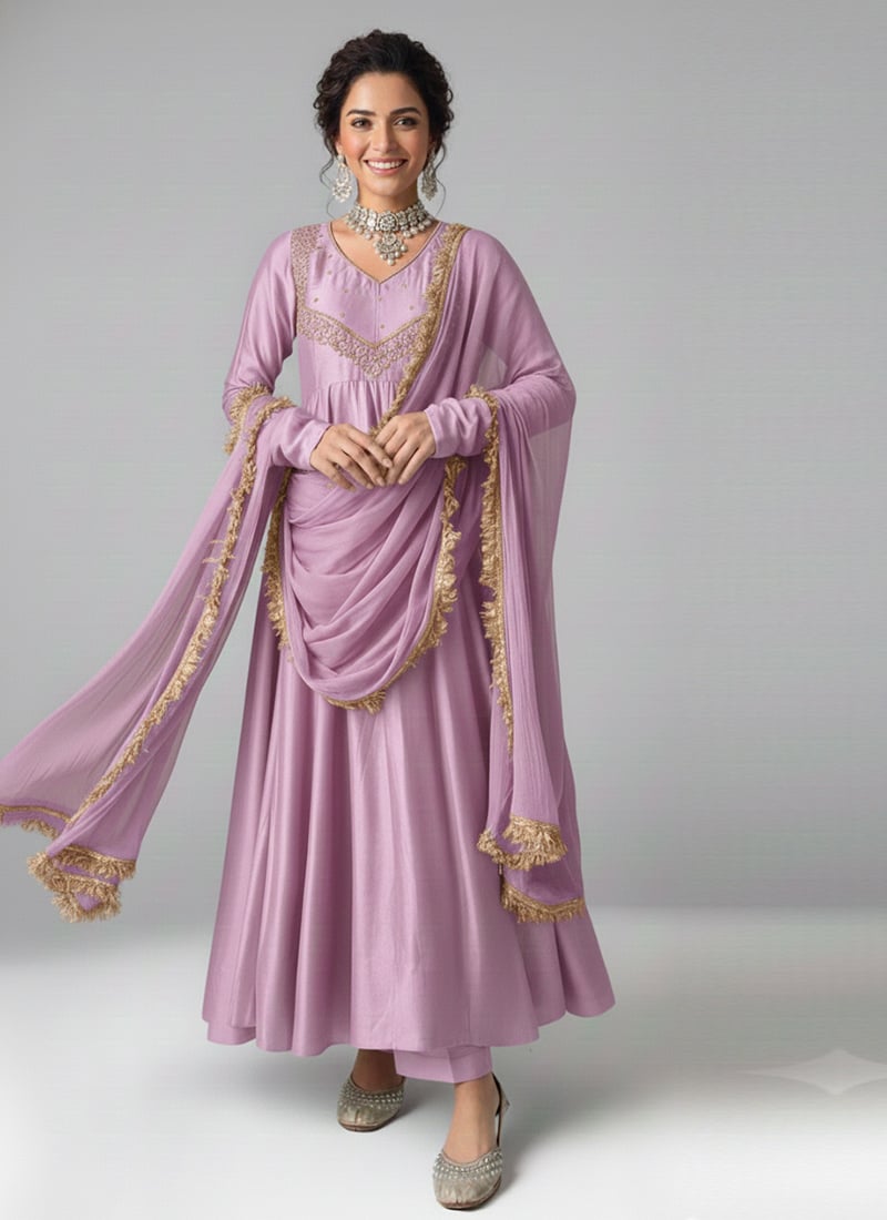 Lavender Silk Zari Sequins Hand Embroidery Anarkali Suit Festive Wear