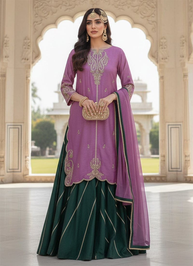 Lavender Silk Zari Sequins Palazzo Suit Wedding Wear
