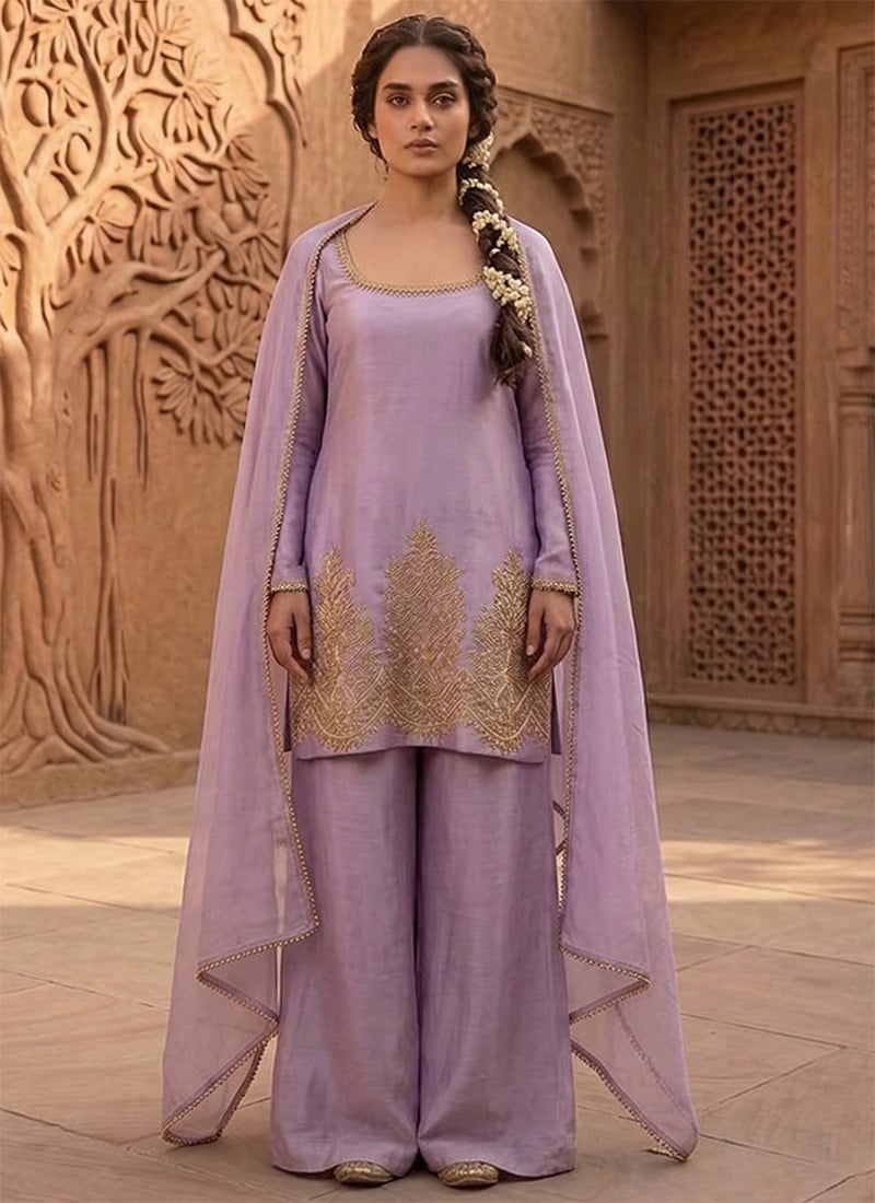 Lavender Silk Zari Sequins Palazzo Suit Festive Wear