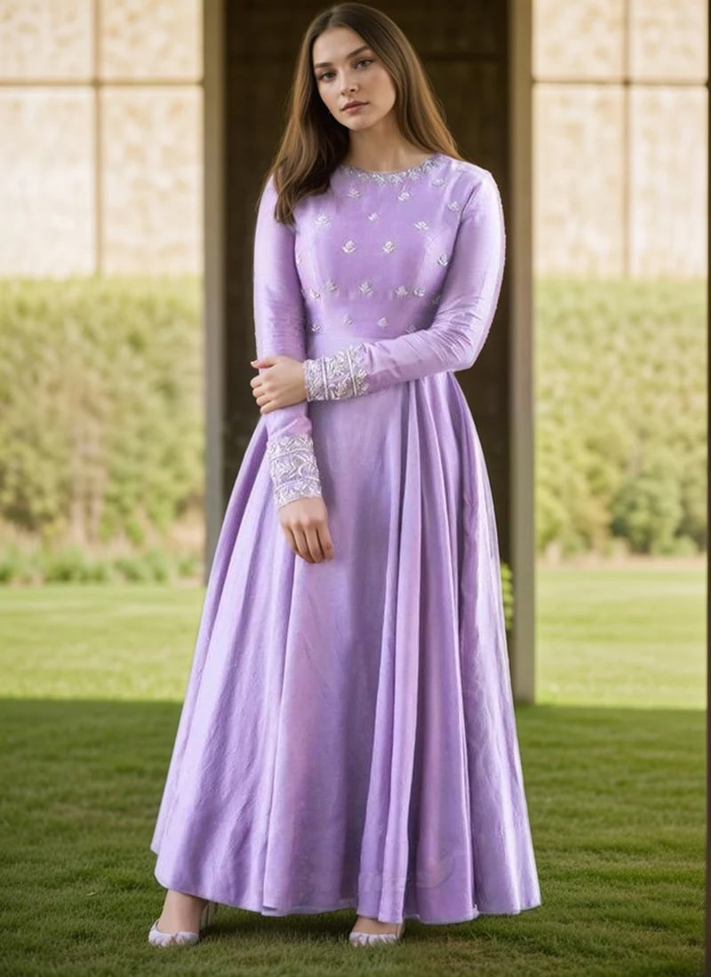 Lavender Silk Zari Hand Embroidered Anarkali Suit Festive Wear