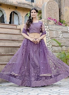 Lavender Soft Net Sequins Embroidered Lehenga