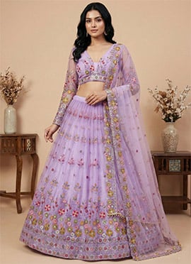 Lavender Soft Net Sequins Embroidered Lehenga
