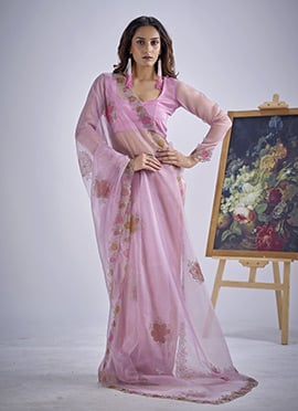Lavender Soft Organza Tissue Tikki Work Saree