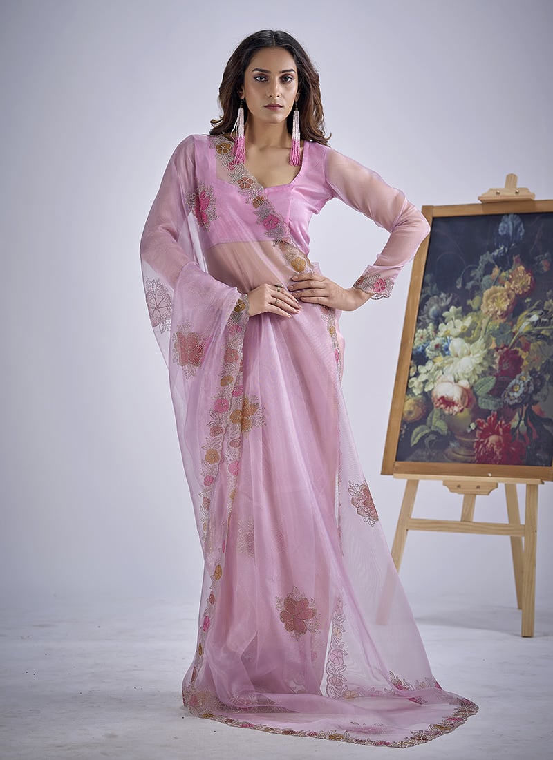 Lavender Soft Organza Tissue Tikki Work Saree After Six Wear