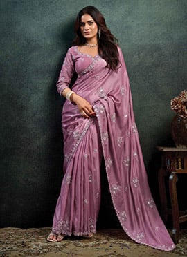 Lavender Soft Satin Sequins Moti Stones Hand Embroidered Saree