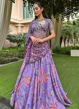 Lavender Tabby Silk Floral Printed Embroidered Sequins Lehenga