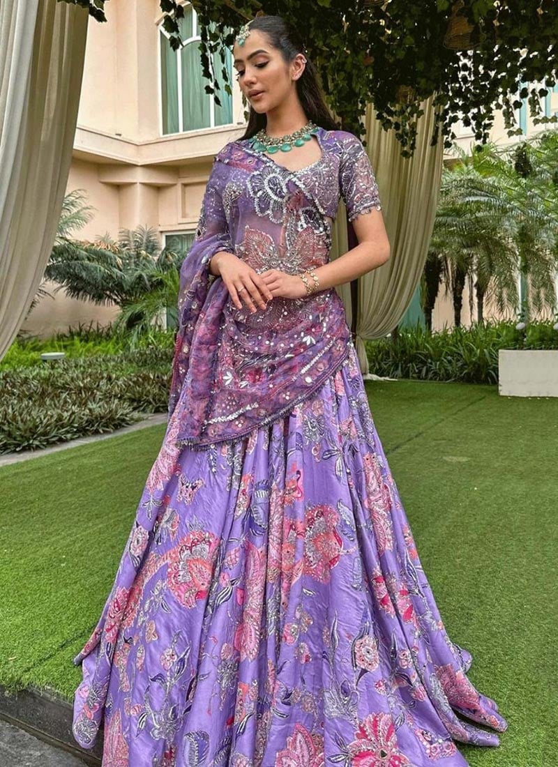 Lavender Tabby Silk Floral Printed Embroidered Sequins Lehenga Wedding Wear