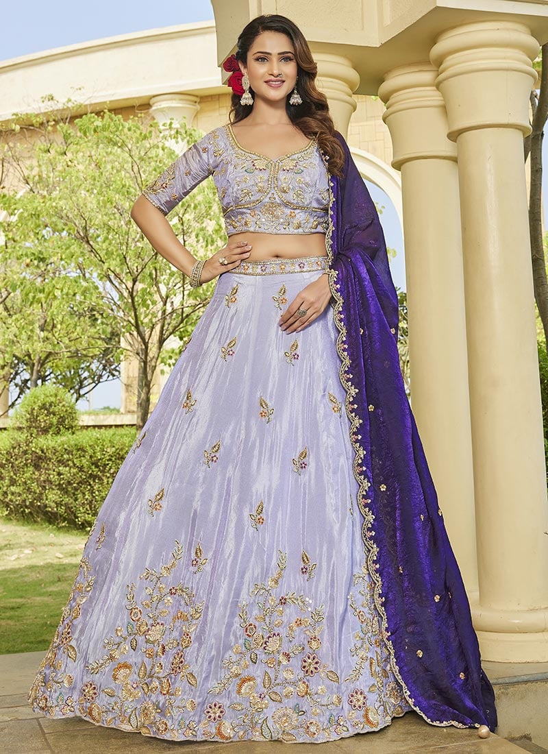 Lavender Tissue Beads Sequins Zari Embroidered Cutdana Umbrella Lehenga Wedding Wear