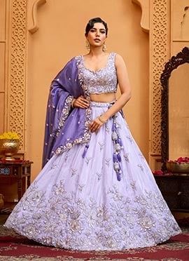 Lavender Tissue Beads Stones Sequins Embroidered Cut Work Umbrella Lehenga Wedding Wear