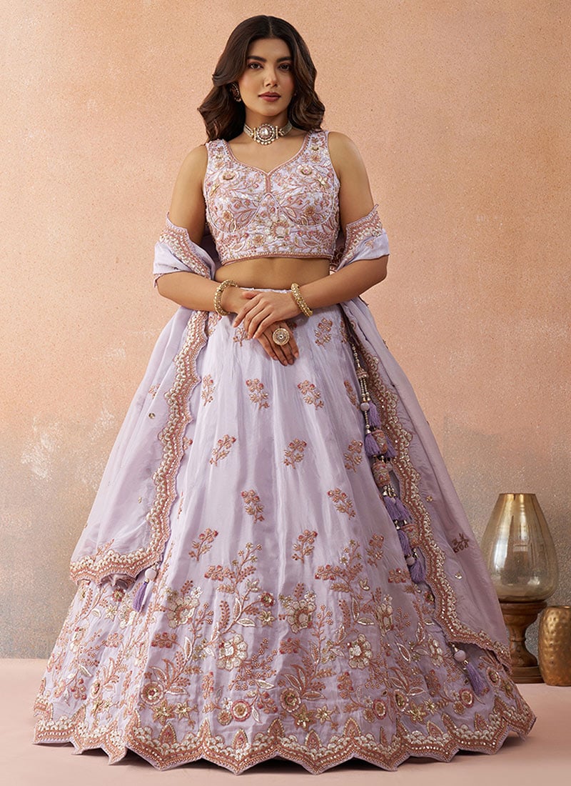 Lavender Tissue Embroidered Sequins Beads Work Lehenga Wedding Wear