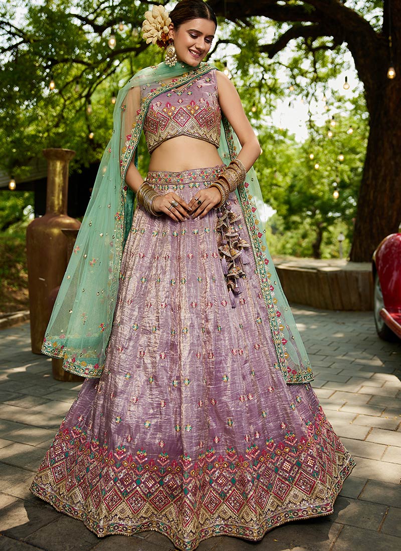 Lavender Tissue Embroidered Sequins Lehenga Wedding Wear