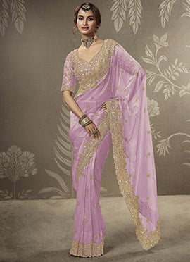Lavender Tissue Embroidered Sequins With Beads Work Saree