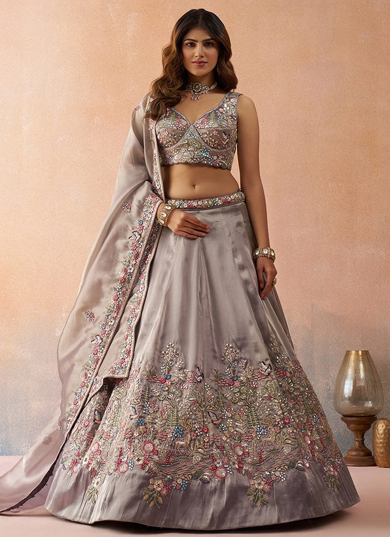 Lavender Tissue Embroidered Sequins Zari Stones Work Lehenga Wedding Wear