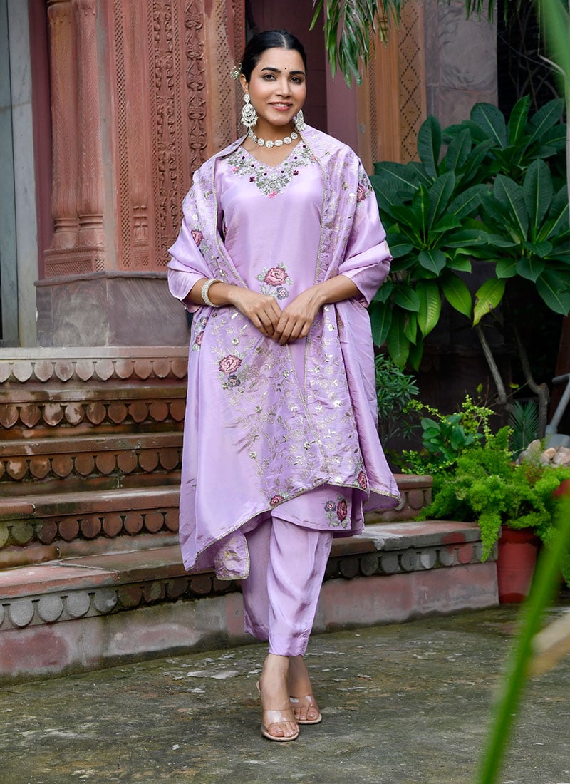 Lavender Tissue Floral Print Embroidered Sequins Straight Pant Suit  After Six Wear