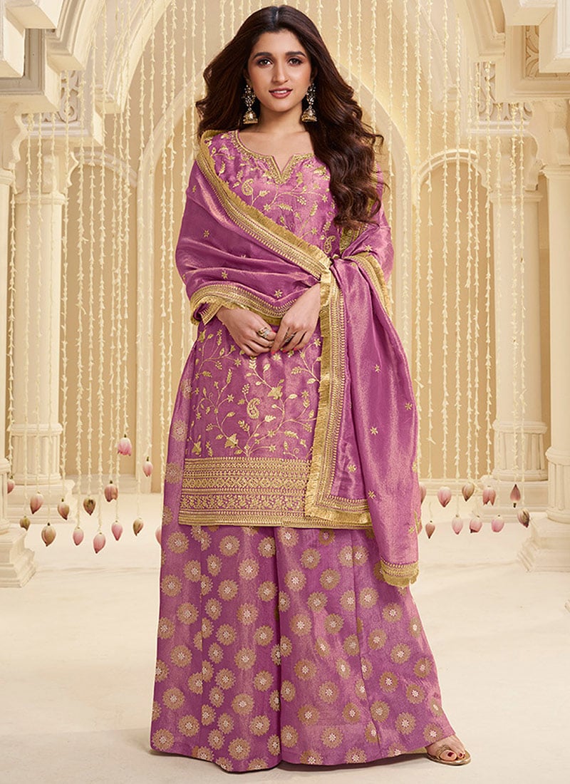 Lavender Tissue Gold Pitta Work Palazzo Suit