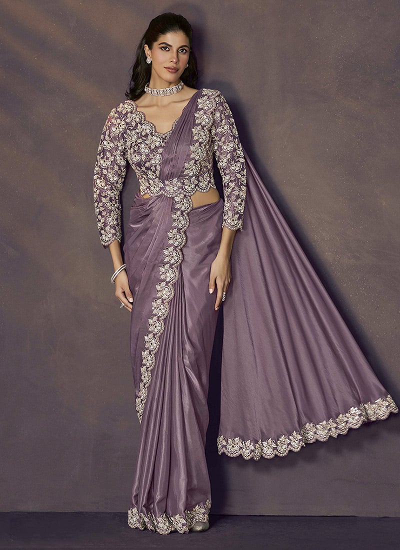 Lavender Tissue Silk Hand Embroidered Pre Draped Saree Wedding Wear