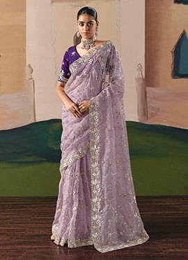 Lavender Tissue Silk Zari Embroidered Sequins Saree