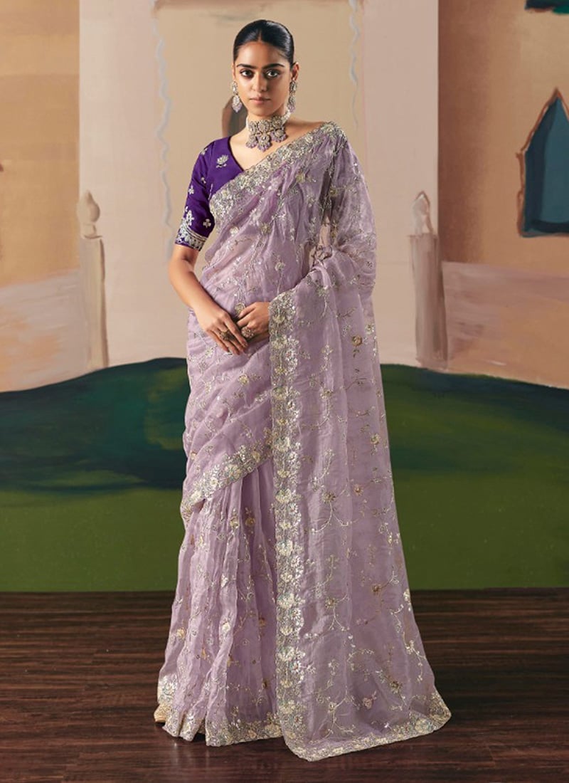 Lavender Tissue Silk Zari Embroidered Sequins Saree Festive Wear