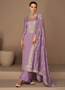 Lavender Tussar Silk Embroidered Palazzo Suit