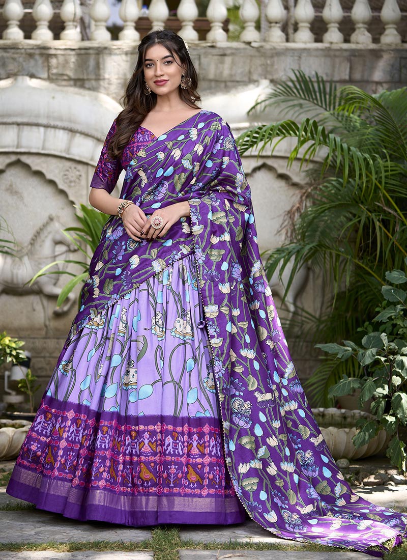 Lavender Tussar Silk Patola Printed Lehenga Festive Wear