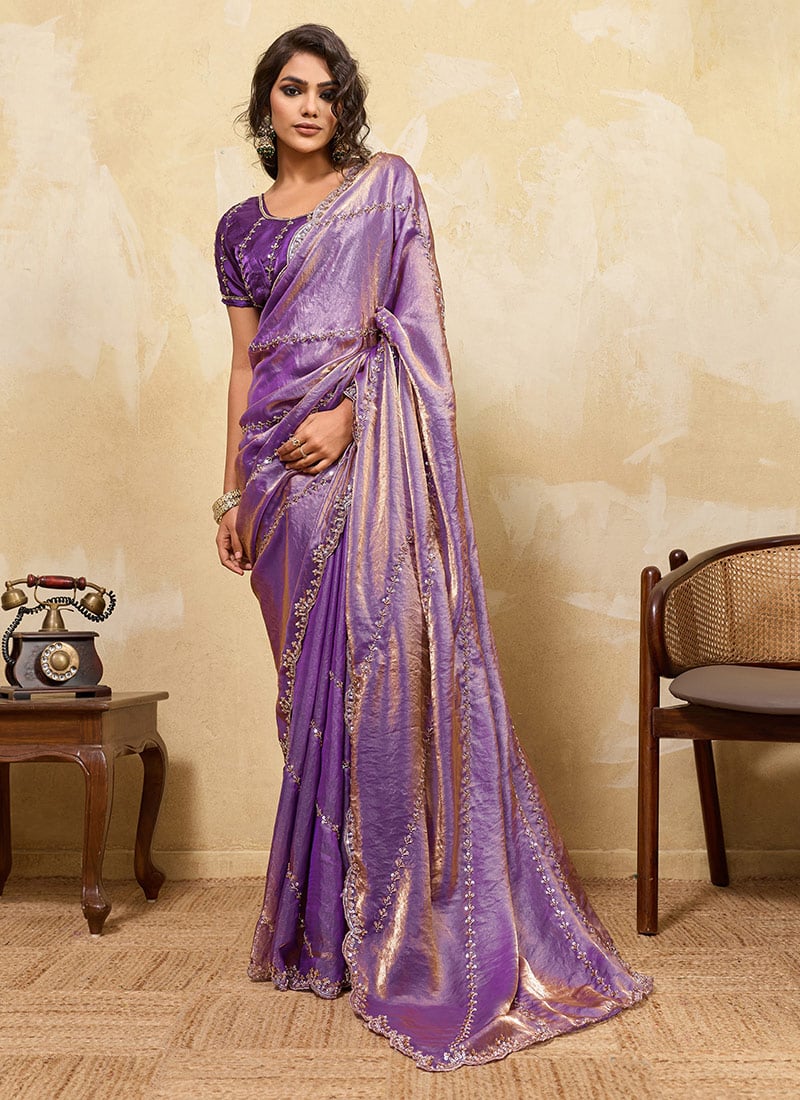 Lavender Velvet Satin Saree with Sequin and Zari Embroidery After Six Wear