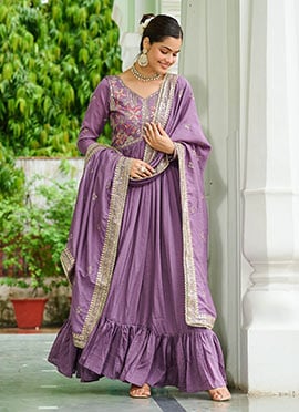 Lavender Vichitra Silk Embroidered Sequins Anarkali Suit