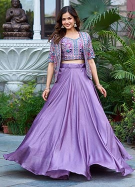 Lavender Vichitra Silk Embroidered Sequins Indowestern Skirt Jacket Set