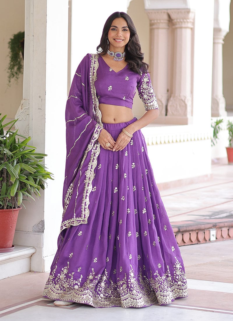 Lavender Vichitra Silk Embroidered Sequins Lehenga Festive Wear