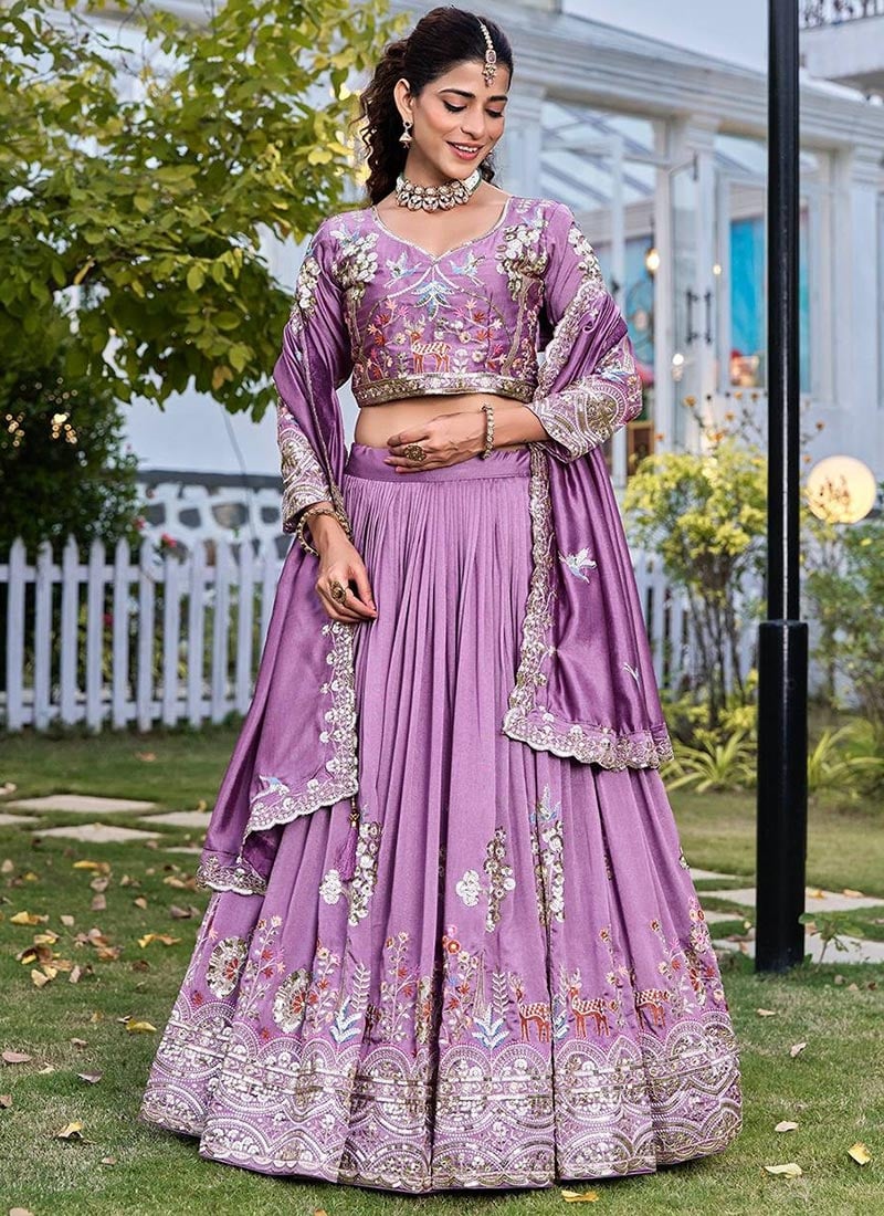 Lavender Vichitra Silk Sequins Embroidered Thread A Line Lehenga Wedding Wear