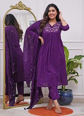 Lavender Viscose Blend Embroidered Straight Pant Suit