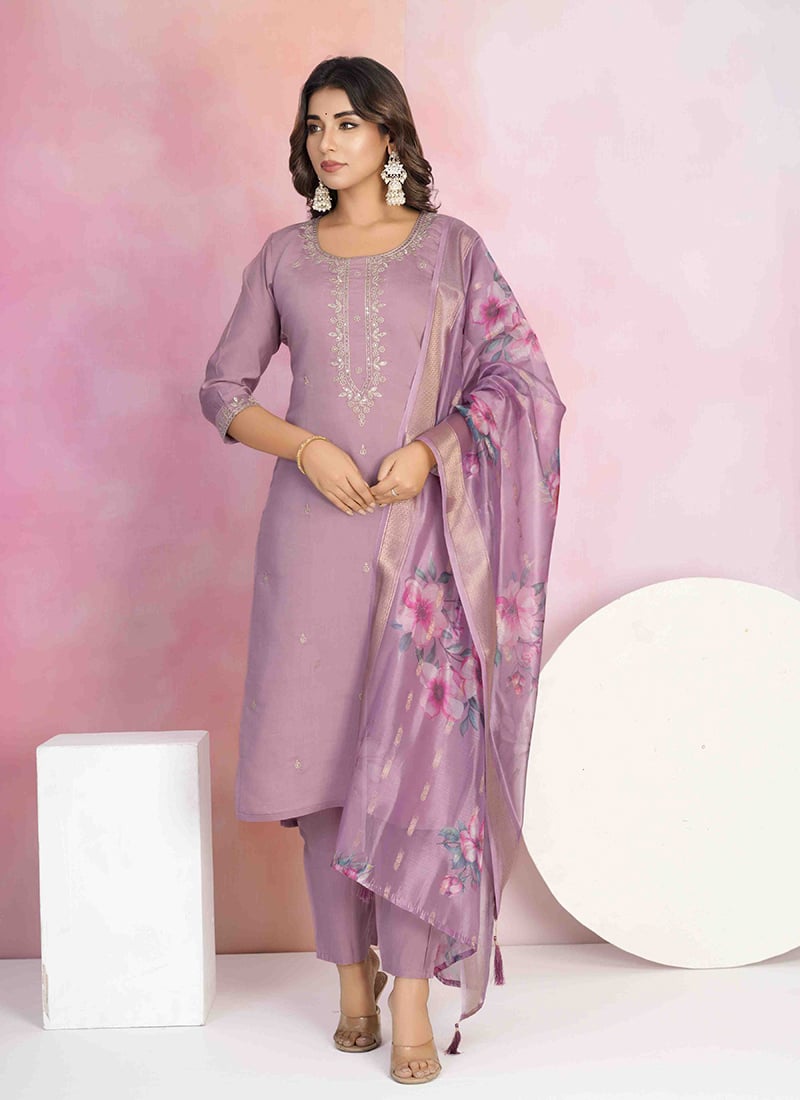 Lavender Viscose Chanderi Embroidered Sequins Straight Pant Suit