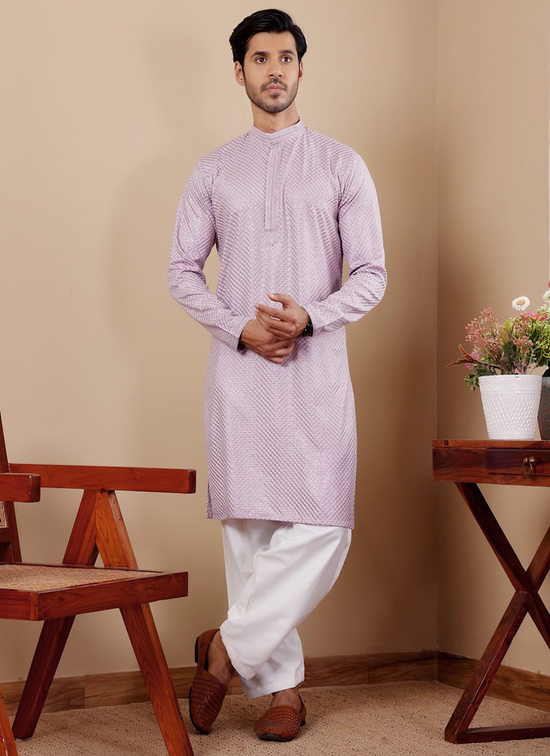 Lavender Viscose Chikankari Embroidery Kurta Pyjama Festive Wear