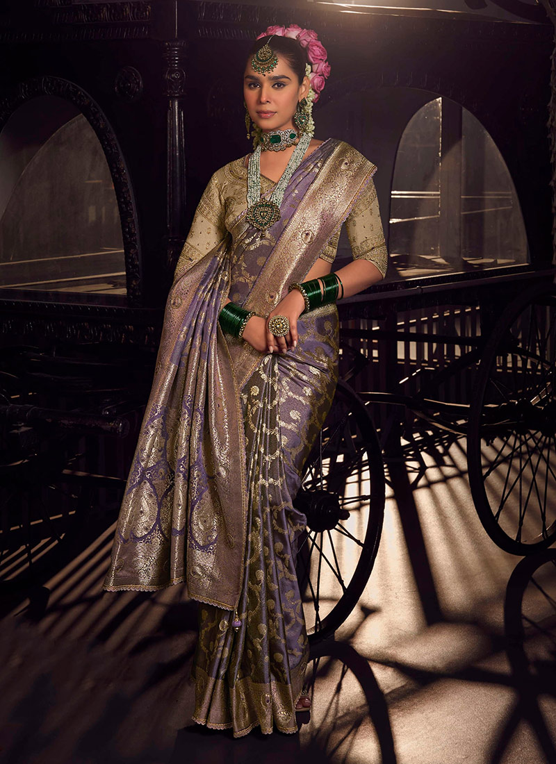 Lavender Viscose Crepe Zari Hand Embroidered Sequins With Beads Work Saree Wedding Wear