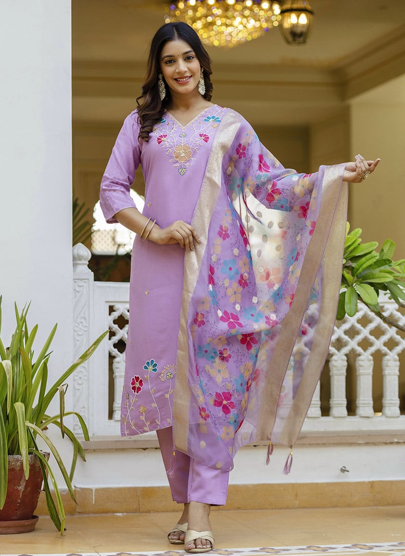 Lavender Viscose Embroidered And Printed Straight Pant Suit After Six Wear