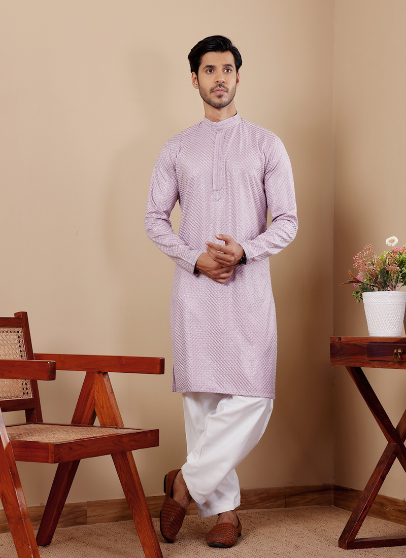 Lavender Viscose Embroidered Chikankari Work Kurta