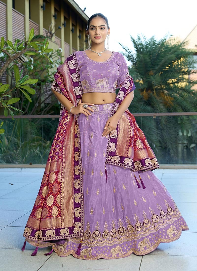 Lavender Viscose Embroidered Zari Umbrella Lehenga Wedding Wear