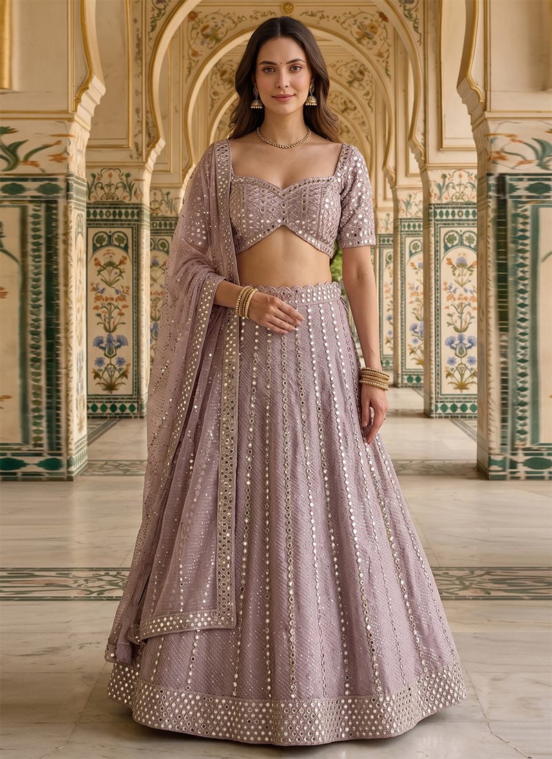 Lavender Viscose Georgette Foil Mirror Lehenga Wedding Wear