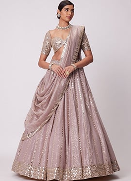 Lavender Viscose Organza Sequins Embroidered Foil Mirror Umbrella Lehenga