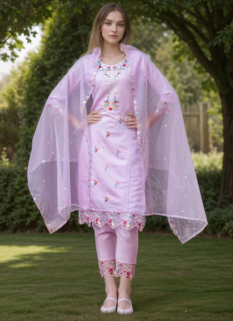 Lavender Viscose Rayon Embroidered Sequins Straight Pant Suit Festive Wear