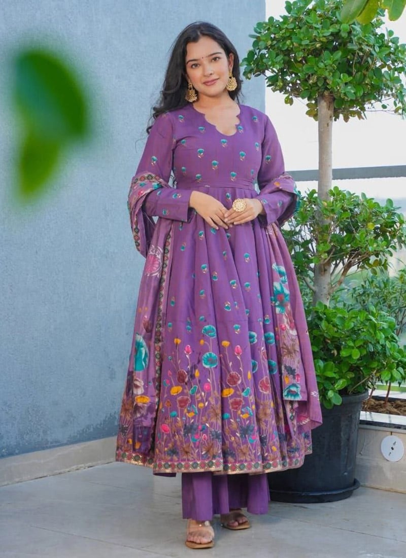 Lavender Viscose Rayon Printed Anarkali Suit After Six Wear