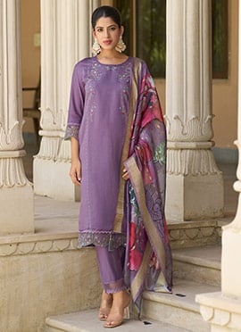 Lavender Viscose Roman Silk Embroidered Sequins Digital Print Straight Pant Suit