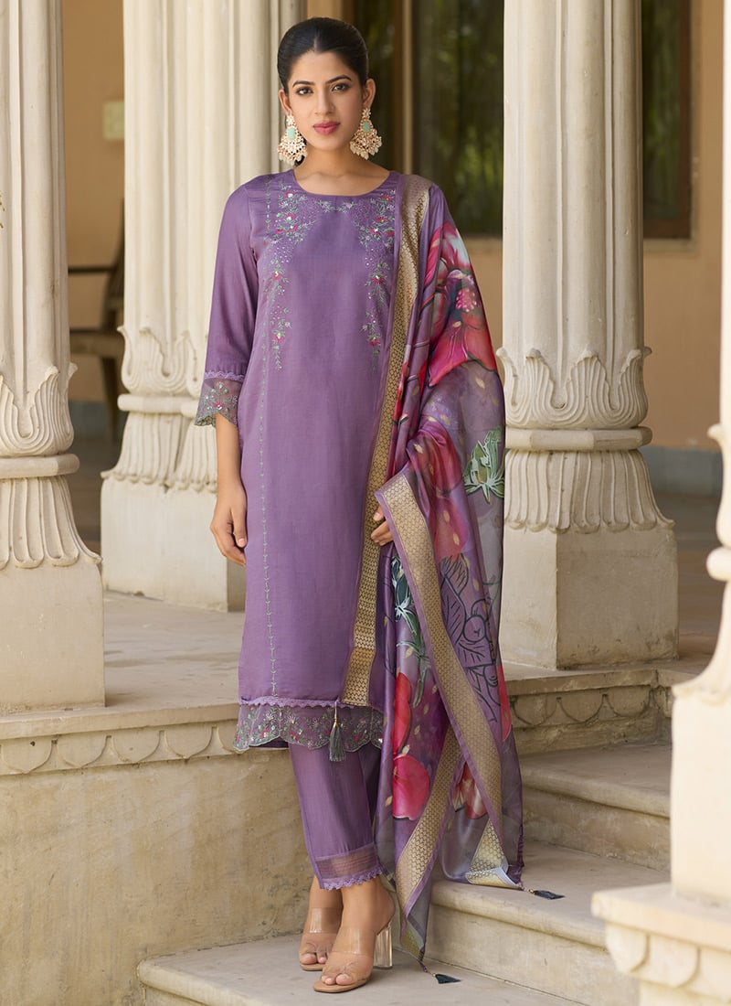 Lavender Viscose Roman Silk Embroidered Sequins Digital Print Straight Pant Suit After Six Wear