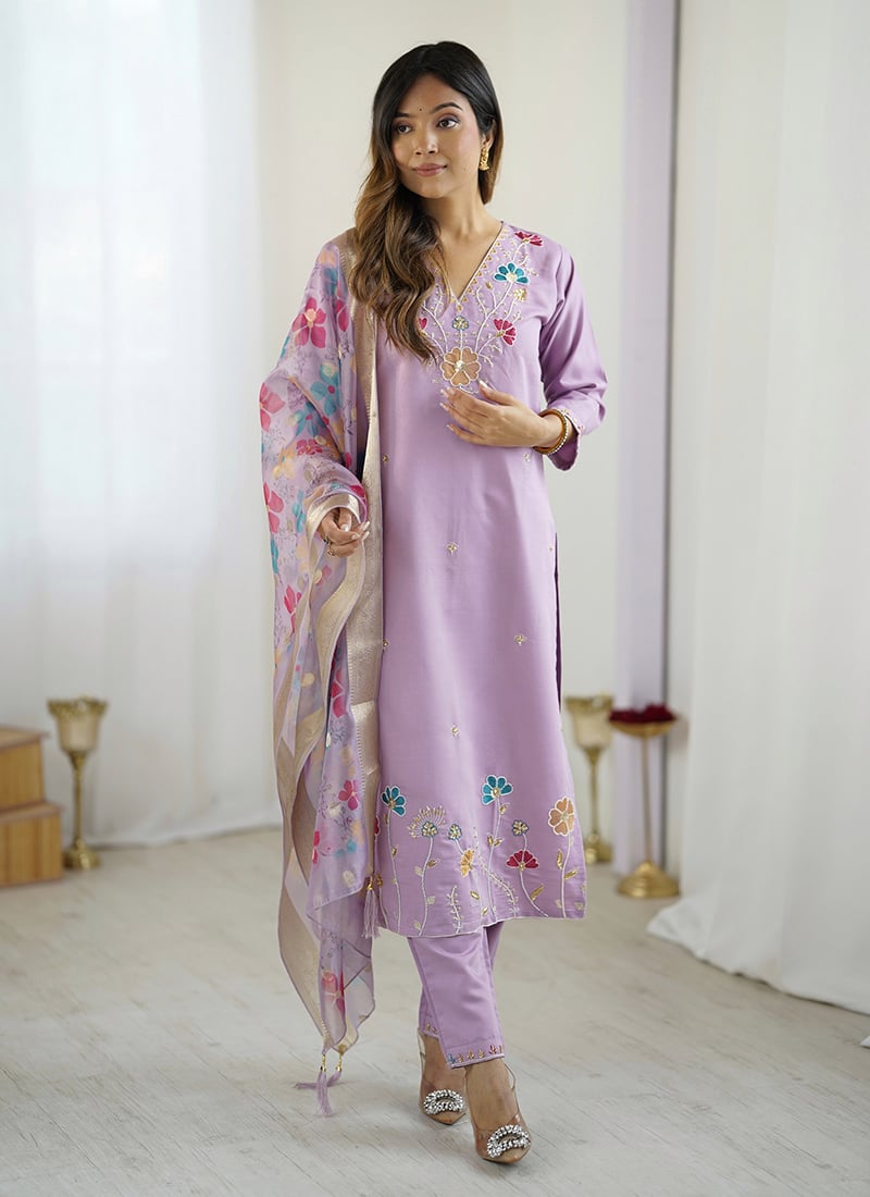 Lavender Viscose Silk Embroidered Beads Printed Straight Pant Suit After Six Wear