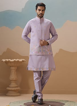 Lavender Viscose Silk Embroidered Sequins Bandi Set For Men